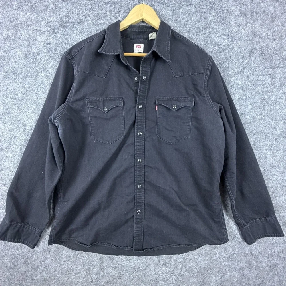 Levi's Western Shirt Mens XL Black Denim Standard Fit Chest Pocket Pearl Snap